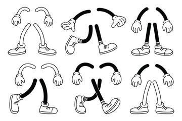 Vintage cartoon hands and feet, retro gloves and shoes illustration, isolated mascot elements in comic style from 1920s to 1950s.