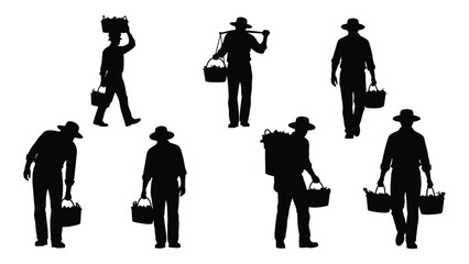 Farmers with harvest baskets silhouettes isolated on white background, Vector