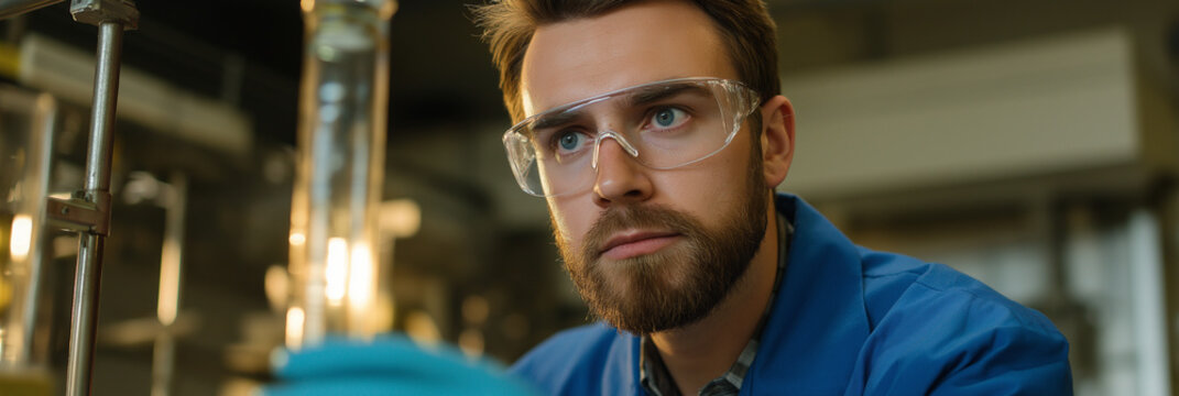 A determined scientist is diligently conducting an experiment in the lab while wearing protective gear, symbolizing the pursuit of knowledge and innovation in science.