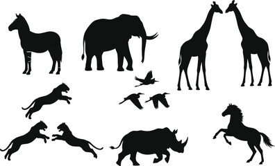African wildlife silhouettes including zebra, elephant, giraffes, birds, lions, rhinoceros, horse, minimal vector design for logo, branding, educational illustration