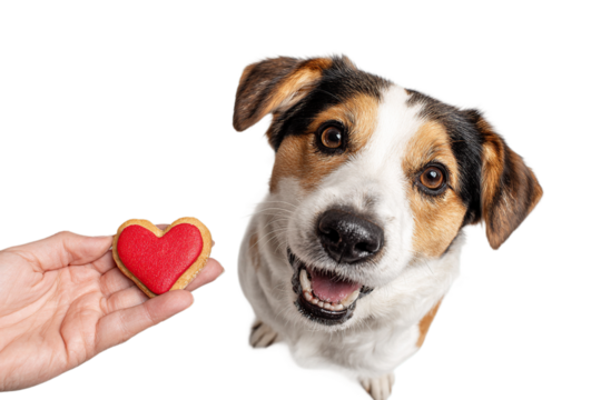 Joyful dog eagerly anticipates a heart shaped cookie offered by loving owner
