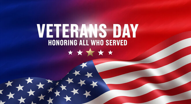Veterans day graphic with american flag and stars honoring all who served on blue and red background