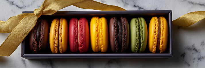 A beautiful arrangement of vibrant macarons in a stylish box adorned with a gold ribbon, showcasing bright colors and enticing textures perfect for any dessert lover.