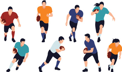 American football players running poses, diverse uniforms, holding ball, sports illustration, athletic action, competition training, dynamic movement, vector artwork, team game design