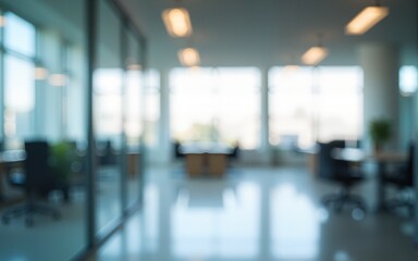 Office background. Blurred empty open space office with windows. Abstract bokeh on the background of an office interior for design. High quality