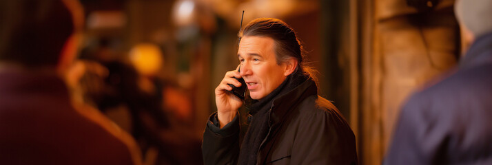 A focused man engaged in a phone conversation in a warm and inviting urban environment, capturing the essence of modern communication in everyday life.