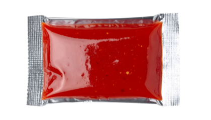 Single serving sachet of red spicy sauce, providing a convenient condiment portion for takeaway food