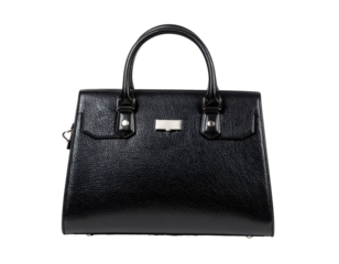 Black leather handbag showcasing classic style and formal fashion accessory with silver details on white background