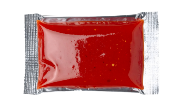 Single serving sachet of red spicy sauce, providing a convenient condiment portion for takeaway food