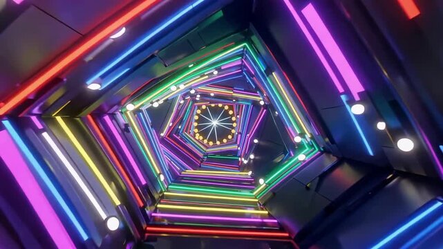 Neon tunnel rotating with colorful light patterns