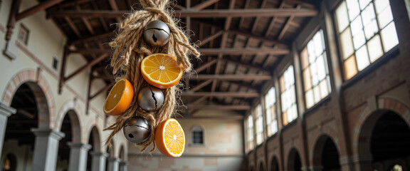 Holiday garlands with oranges and bells hanging in rustic interior  