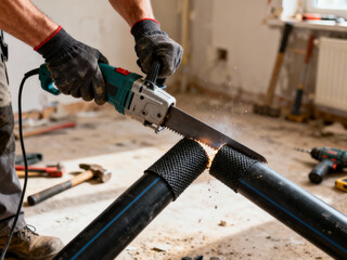 Strong gloved hands working with reciprocating saw cutting through thick black PVC pipe absorbing vibration before final separation against renovation site background with other tools.