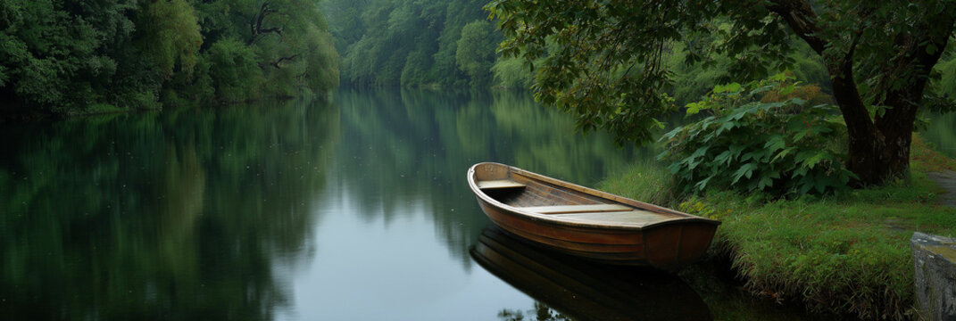 A wooden boat rests peacefully by a calm lake, embraced by lush greenery, reflecting the serenity of nature in this idyllic landscape scene perfect for relaxation.