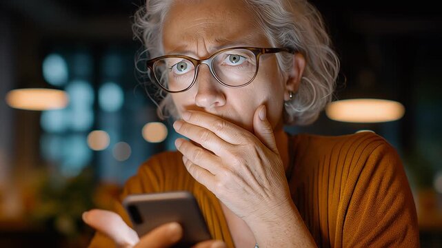 Elderly white woman wearing glasses looks surprised and overwhelmed as she uses her smartphone. The mature lady appears concerned as she reacts to distressing news on the internet
