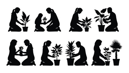 People tending to potted plants silhouettes isolated on white background, Vector