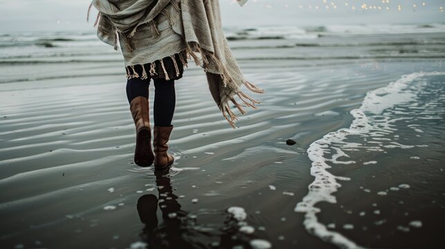 Woman Walking in Shallow Ocean Water Wearing Warm Coat and Boots on Overcast Day
