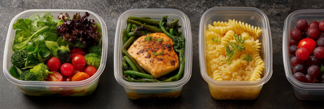 An organized display of healthy meal prep with a variety of colorful, nutritious dishes in clear containers, promoting balanced eating and convenient meal planning for busy individuals.