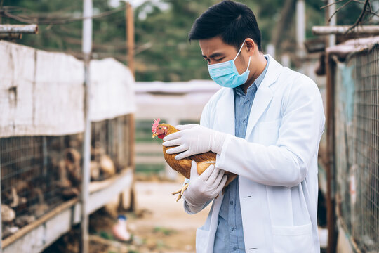 Veterinarian examines chicken on a farm. Mask wearing clinician provides care in daylight. - Powered by Adobe