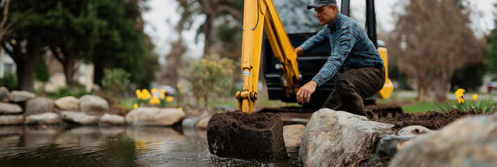 Fototapeta premium In this image, a man works diligently by a tranquil pond, attending to landscaping duties that emphasize nature's beauty and the art of creating serene environments for relaxation.