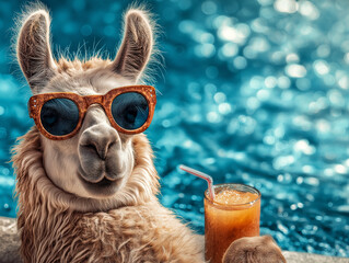Obraz premium Llama wearing sunglasses relaxes by the poolside. A glass of orange juice sits nearby.