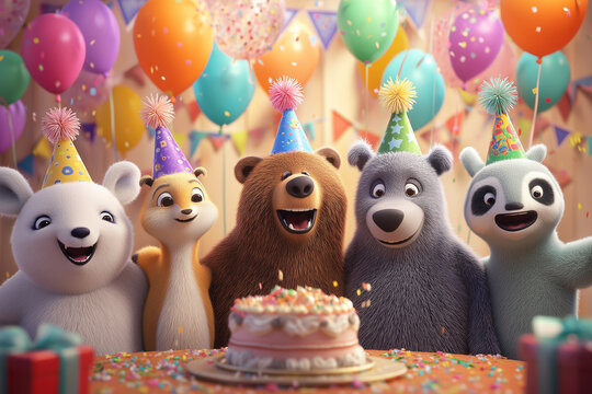Bear and companions celebrate a birthday party in a party room. Party hats, balloons and a cake create a cheerful celebration.