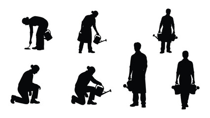Gardening activity silhouettes collection isolated on white background, Vector