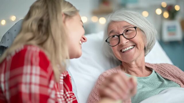Elderly woman smiling and chatting with her granddaughter in a hospital room. Family members paying a visit to a loved one in a healthcare facility