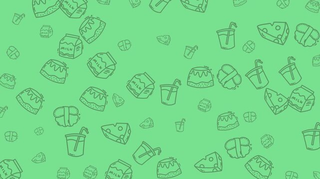 Seamless Loop Animation of Hand Drawn Food Icons on a Green Background.