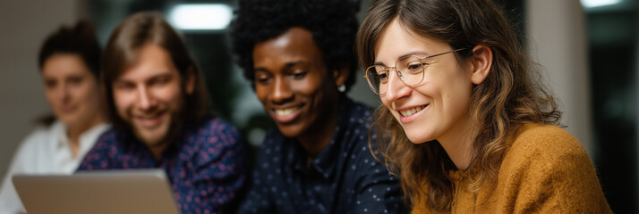 A diverse group of young professionals engages with a laptop, showcasing teamwork, creativity, and collaboration in a modern work environment filled with inspiration.