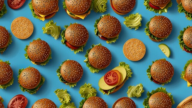 A seamless pattern of realistic hamburgers arranged in a neat grid on a light blue background. Each burger has a sesame seed bun, lettuce, cheese, and a beef patty, viewed from above at a slight angle