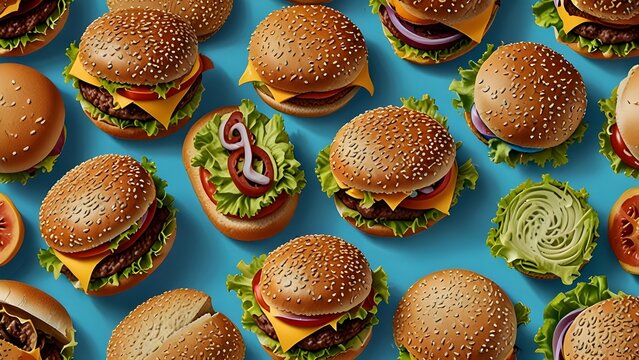 A seamless pattern of realistic hamburgers arranged in a neat grid on a light blue background. Each burger has a sesame seed bun, lettuce, cheese, and a beef patty, viewed from above at a slight angle