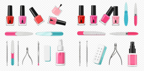 A collection of colorful nail polish bottles and professional manicure pedicure tools for beauty and nail care.