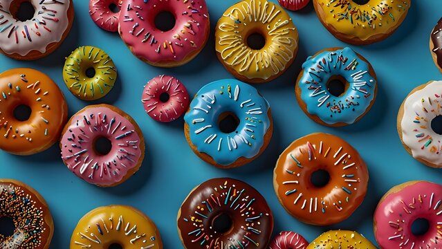 A colorful pattern of assorted glazed donuts arranged in a seamless grid on a bright blue background. Each donut has different icing colors and decorations, including sprinkles, chocolate drizzle,