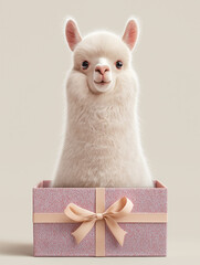 Obraz premium Alpaca sits in a pink gift box. Perfect for festive gifting.