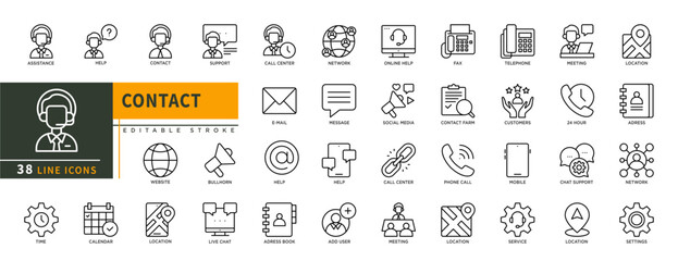 Minimalist Contact line icons set with editable stroke, featuring asistence, help, support, call center, online help, fax, message, social media, email, phone, location, etc. thin linear illustration.