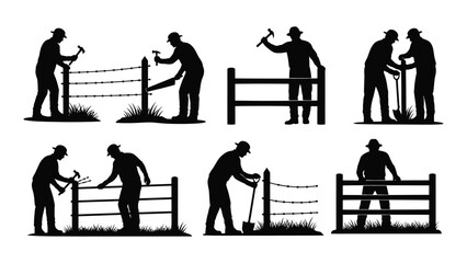 Fence construction and repair silhouettes isolated on white background, Vector