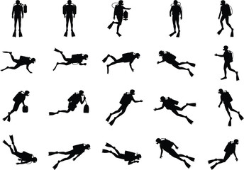 Scuba diver silhouette collection, underwater activity poses, diving gear vector set, marine exploration icons, swimming actions, black flat vector illustration