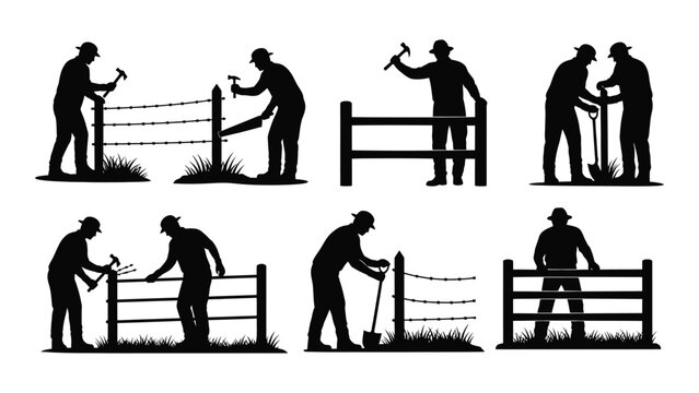 Fence construction and repair silhouettes isolated on white background, Vector