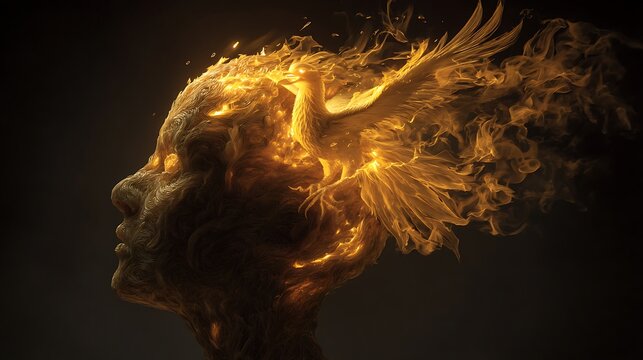 conceptual art of human head turning into glowing phoenix rising from ashes, symbol of burnout recovery and mental rebirth, cinematic warm tones, surreal detail, 