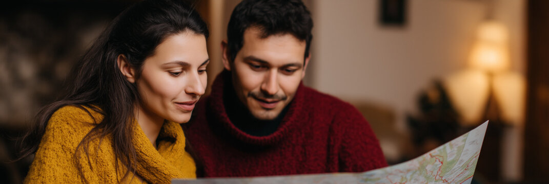 A couple engaged in planning their next adventure, closely examining a map, reflecting the bonds of love, excitement, and shared experiences in exploration and travel.