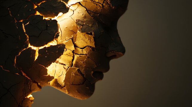head silhouette cracking open with golden light emerging inside, symbolizing emotional awakening after burnout, warm dramatic light and shadow contrast, 