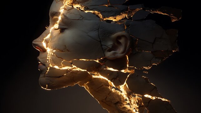 head silhouette cracking open with golden light emerging inside, symbolizing emotional awakening after burnout, warm dramatic light and shadow contrast, 