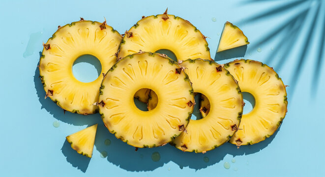 Top view of a freshly cut pineapple, with slices arranged to highlight its geometric core and vibrant yellow flesh. Some slices might be quartered. On a light blue or tropical-themed background. Tropi - Powered by Adobe