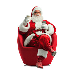 Relaxed Santa Claus enjoying coffee and scrolling on phone while sitting in modern chair