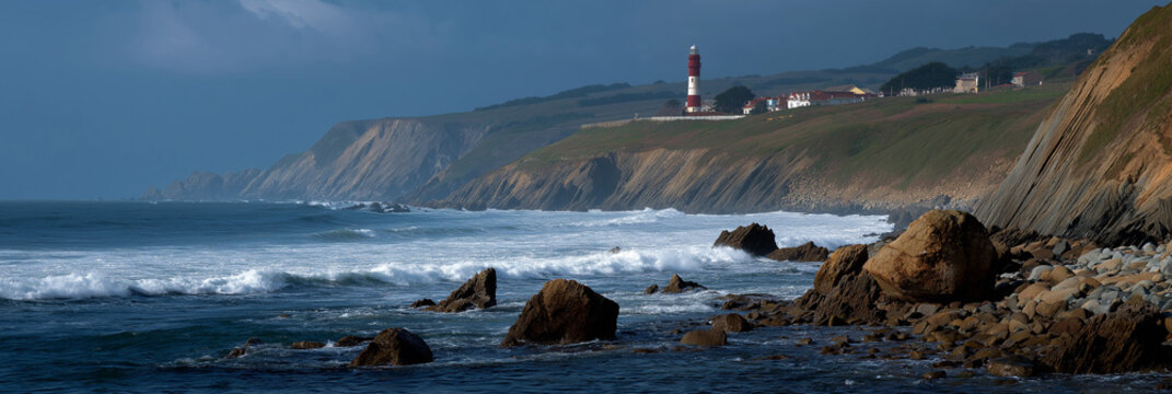 An iconic lighthouse perched on dramatic cliffs, standing tall against the waves, symbolizing safety and guidance in a wild and breathtaking ocean landscape.