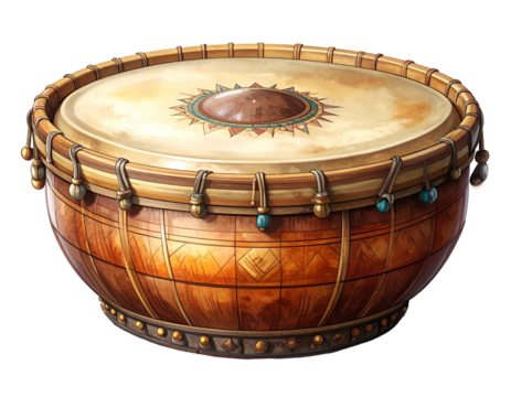 A decorated, round, wooden drum with a beige surface and geometric designs isolated against a black background