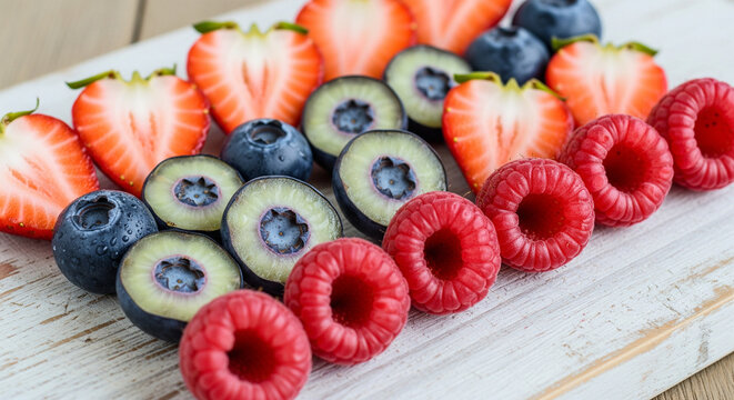 Assortment of various berries (strawberries, blueberries, raspberries) cut in half, arranged artfully on a light wooden cutting board. Focus on the intricate internal textures and seeds of each berry.