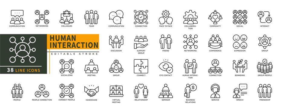 Minimalist Human Interaction line icons set with editable stroke, featuring communication, networking, collagues, team, connection, friend, discussion, face to face, group. thin linear illustration.