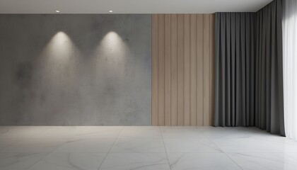Obraz premium An empty, modern room with a concrete wall, wooden paneling, and marble flooring, illuminated by spotlights.
