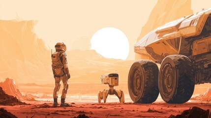 Astronaut Man Robot Rover on Red Planet Landscape with Sun in Sky